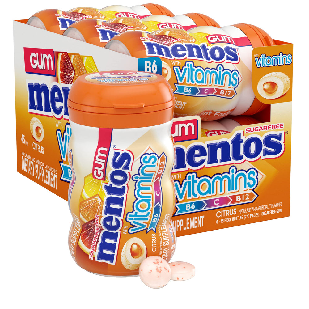 Mentos Vitamins Citrus gum bottle offers sugar-free freshness with vitamin boost on the go