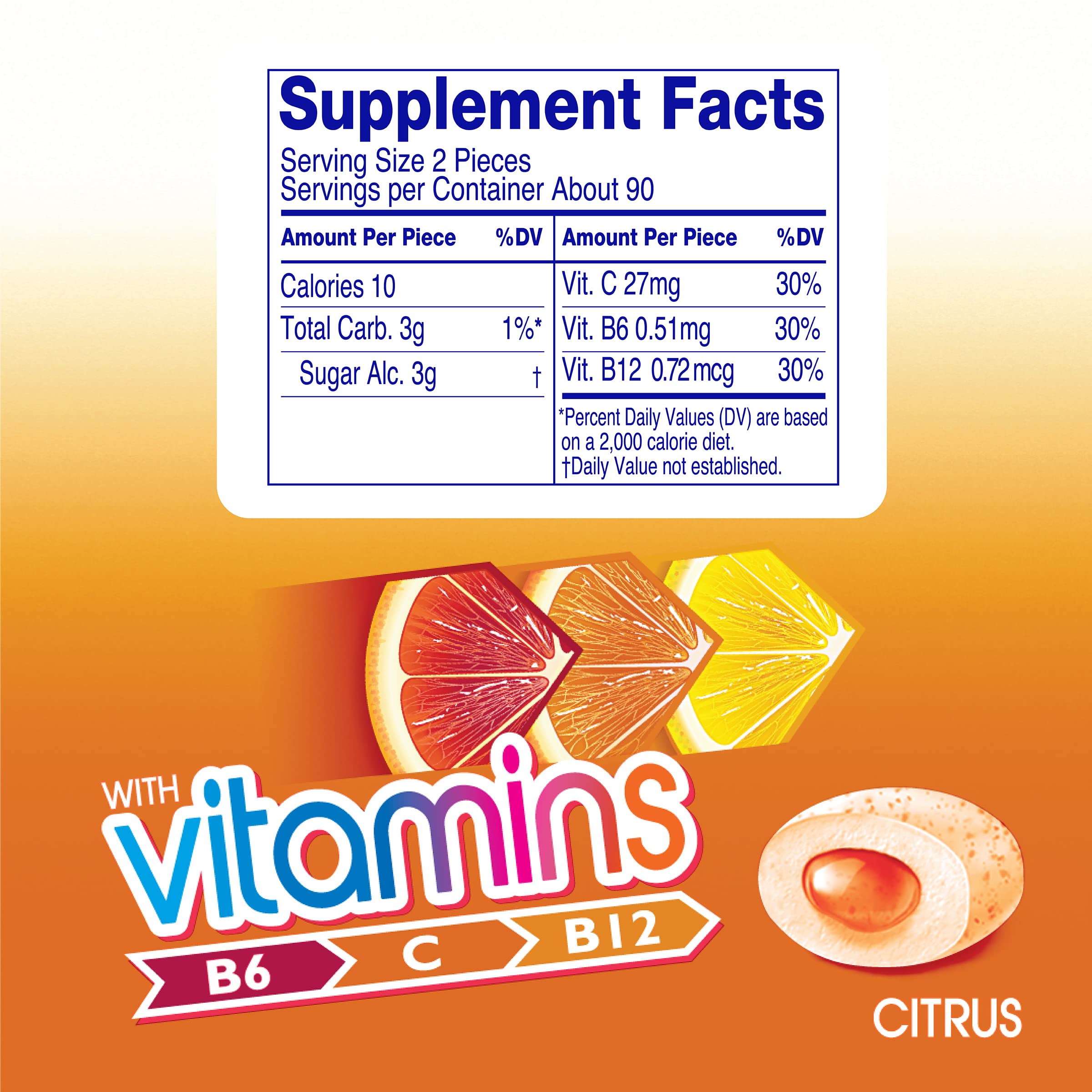 Mentos Vitamins Citrus gum piece closeup highlighting crunchy shell and soft center.