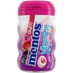 Mentos Vitamins Berry gum bottle front shows vitamins B6, B12, C.