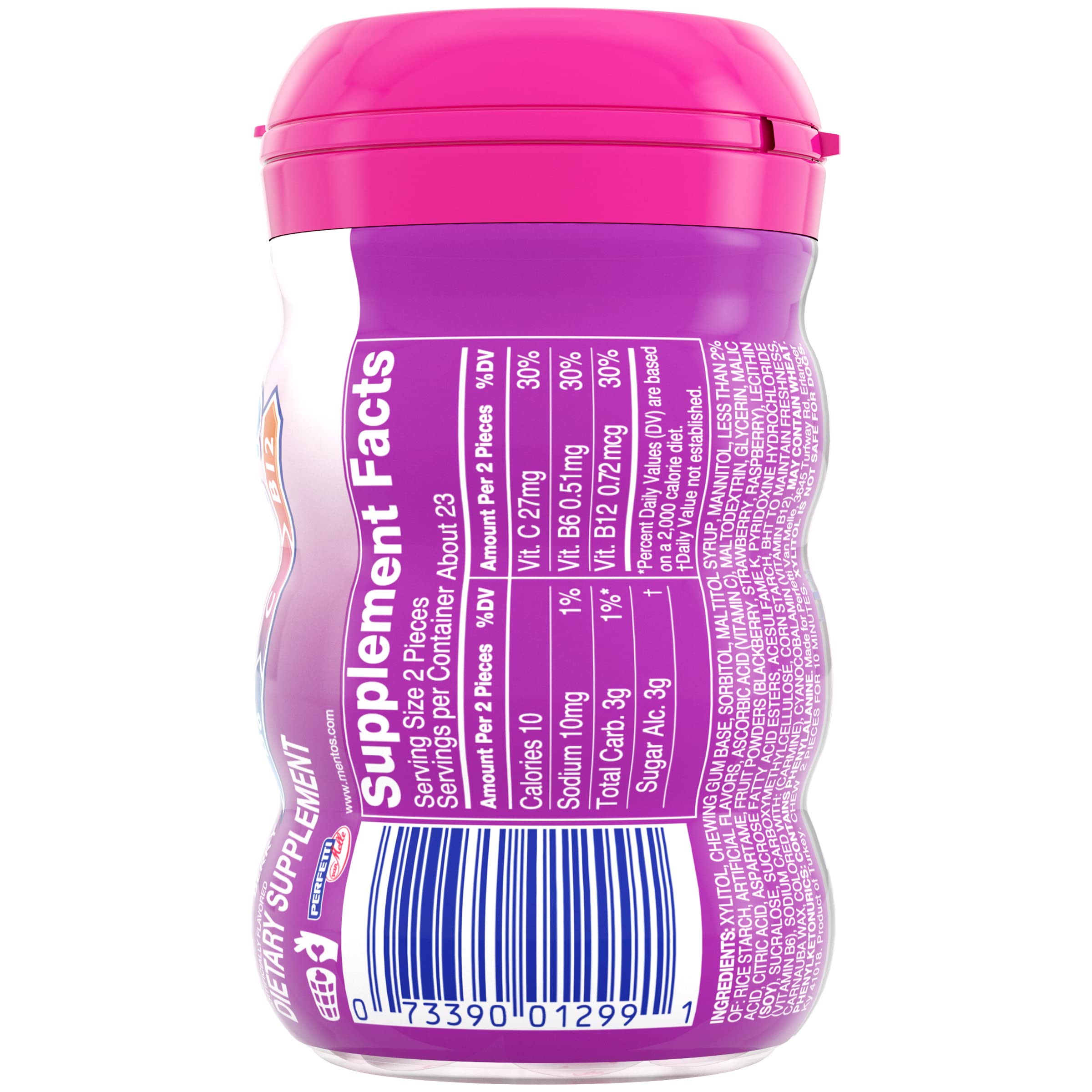 Mentos Vitamins Berry gum bottle top features a reclosable lid for on-the-go freshness.