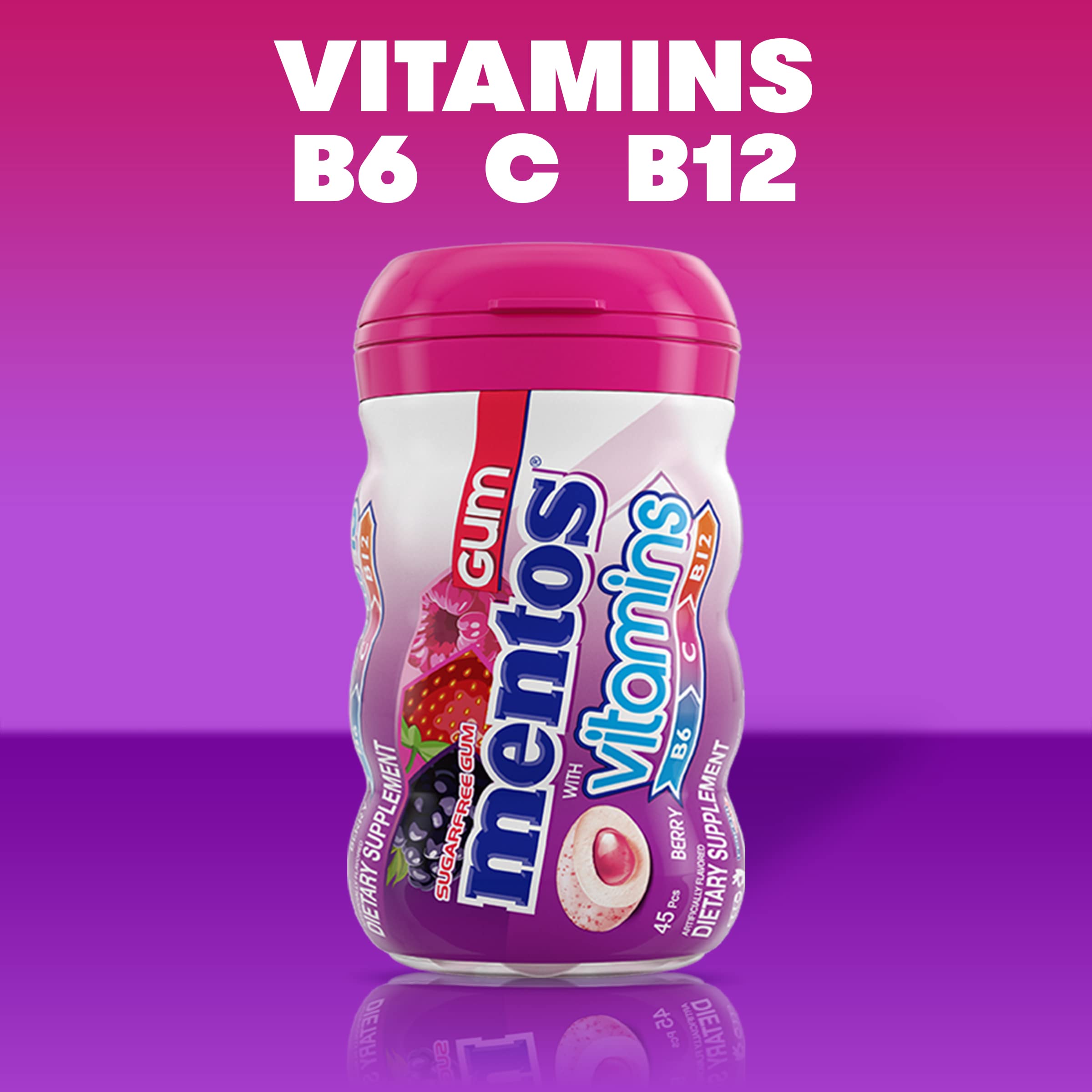 Mentos Vitamins Berry gum packaging emphasizes six-pack value.
