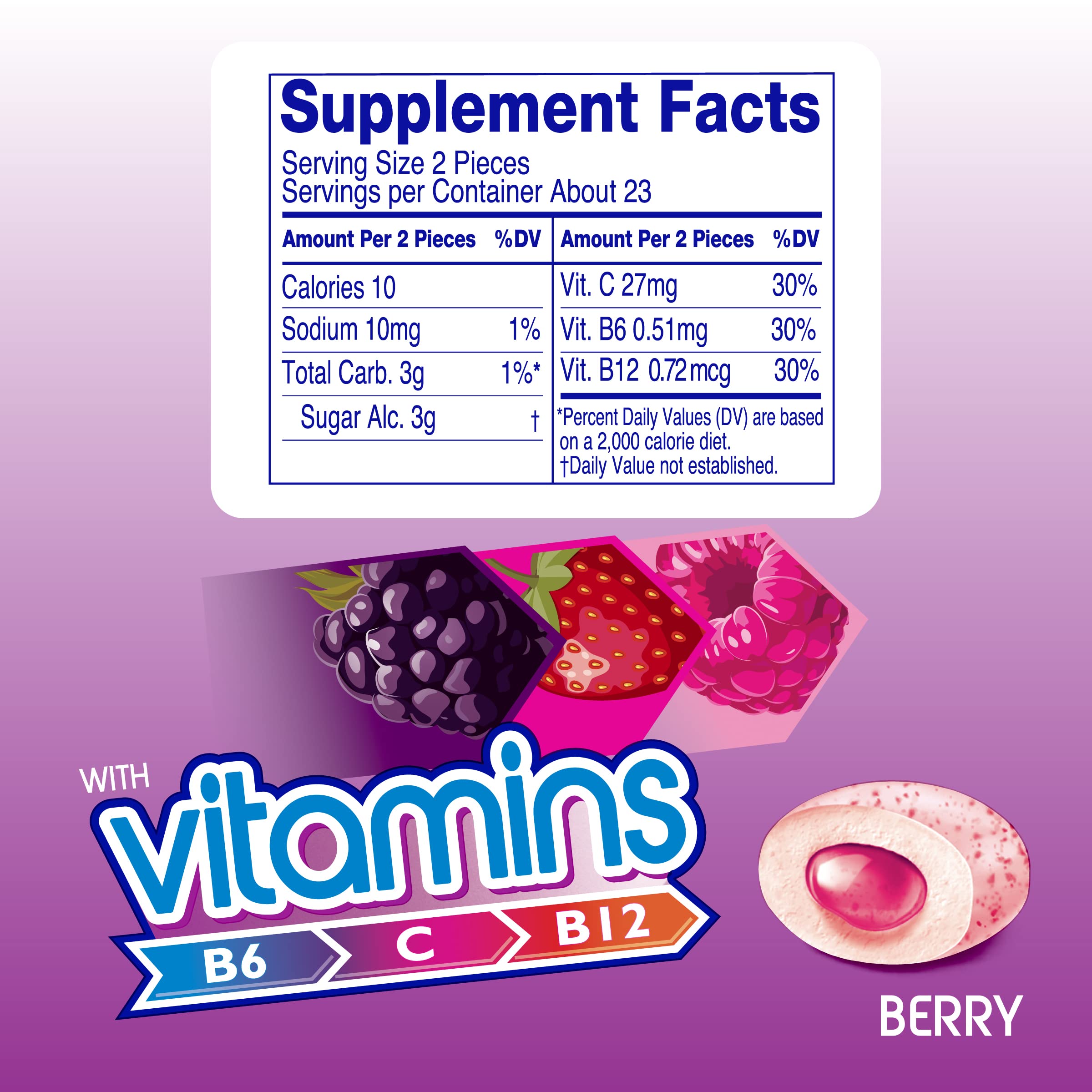 Mentos Vitamins Berry gum shell crunch highlights texture.