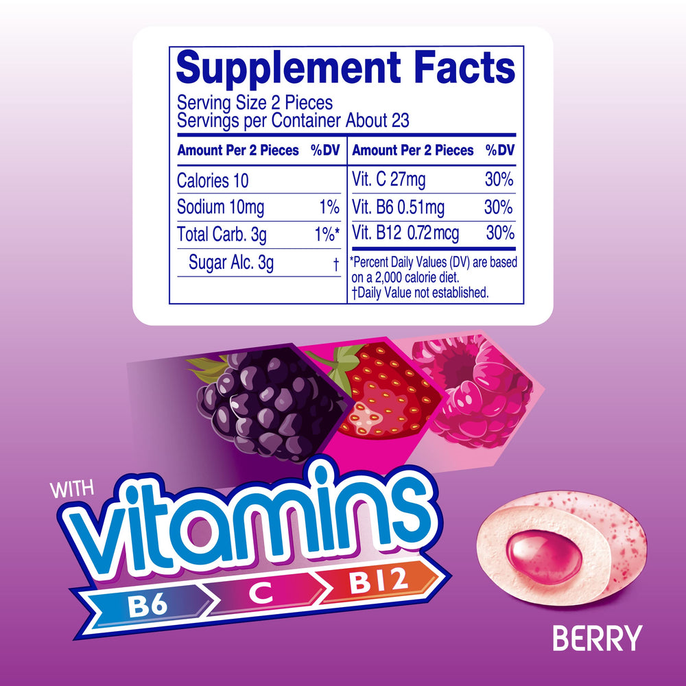 Mentos Vitamins Berry gum shell crunch highlights texture.