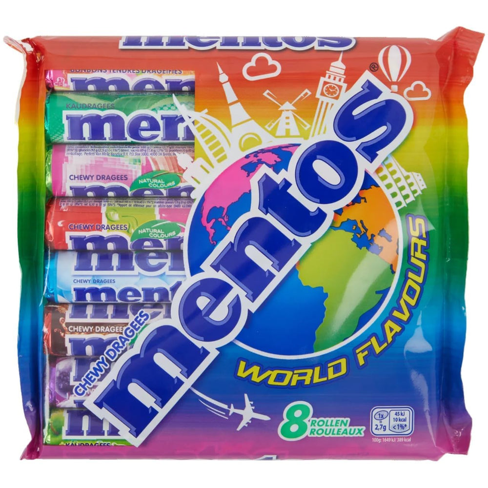 Mentos World Flavours eight-rolls variety pack display on colorful background