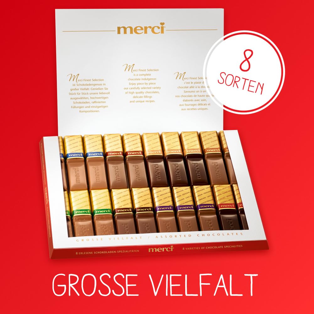Stacked Merci eight flavors showing variety in a tray