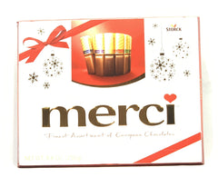 Merci chocolates assortment box: diverse European chocolate collection for gifting and sharing.