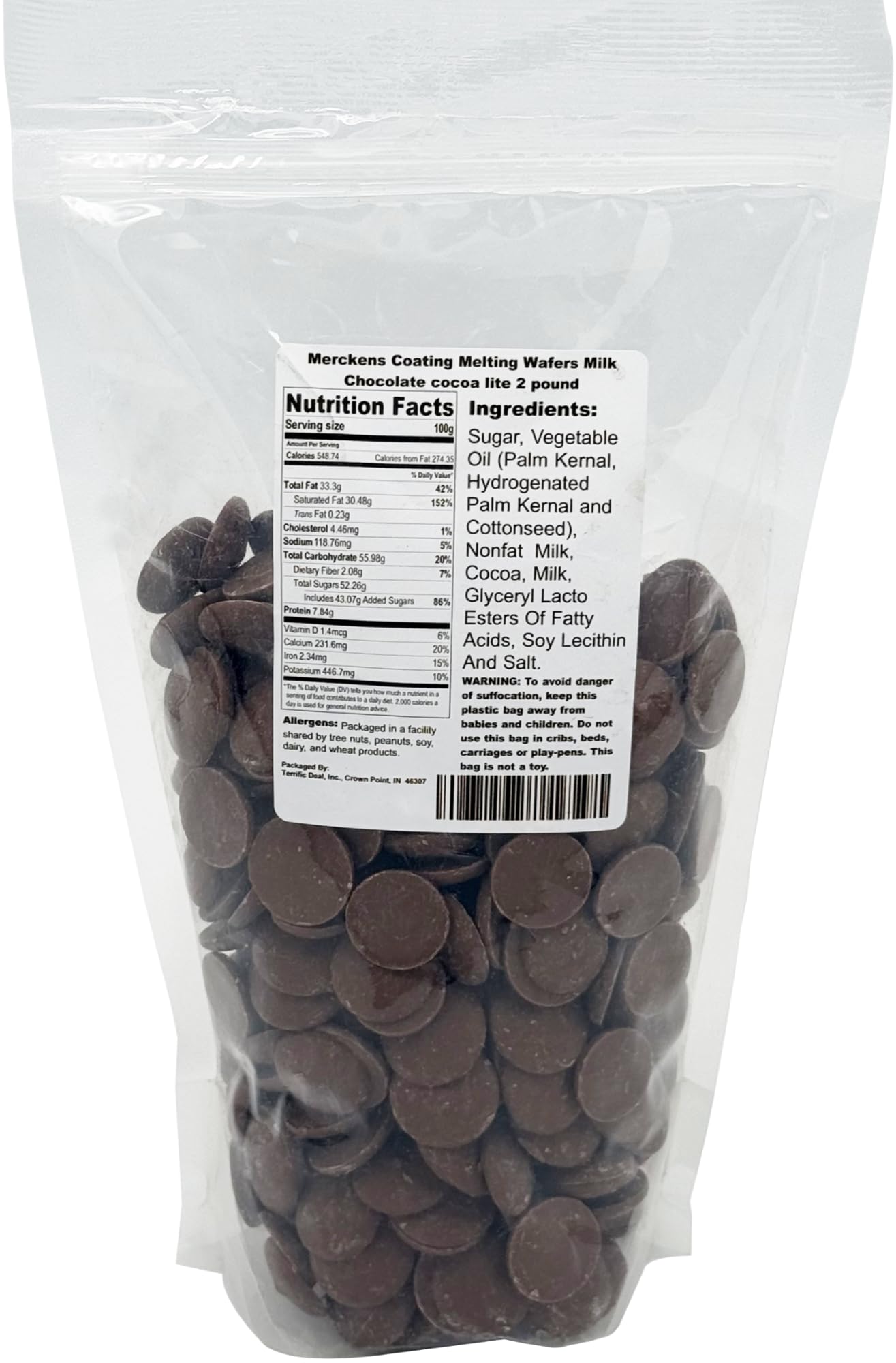Merckens Cocoa Lite wafers bag highlighting easy melting for smooth coating