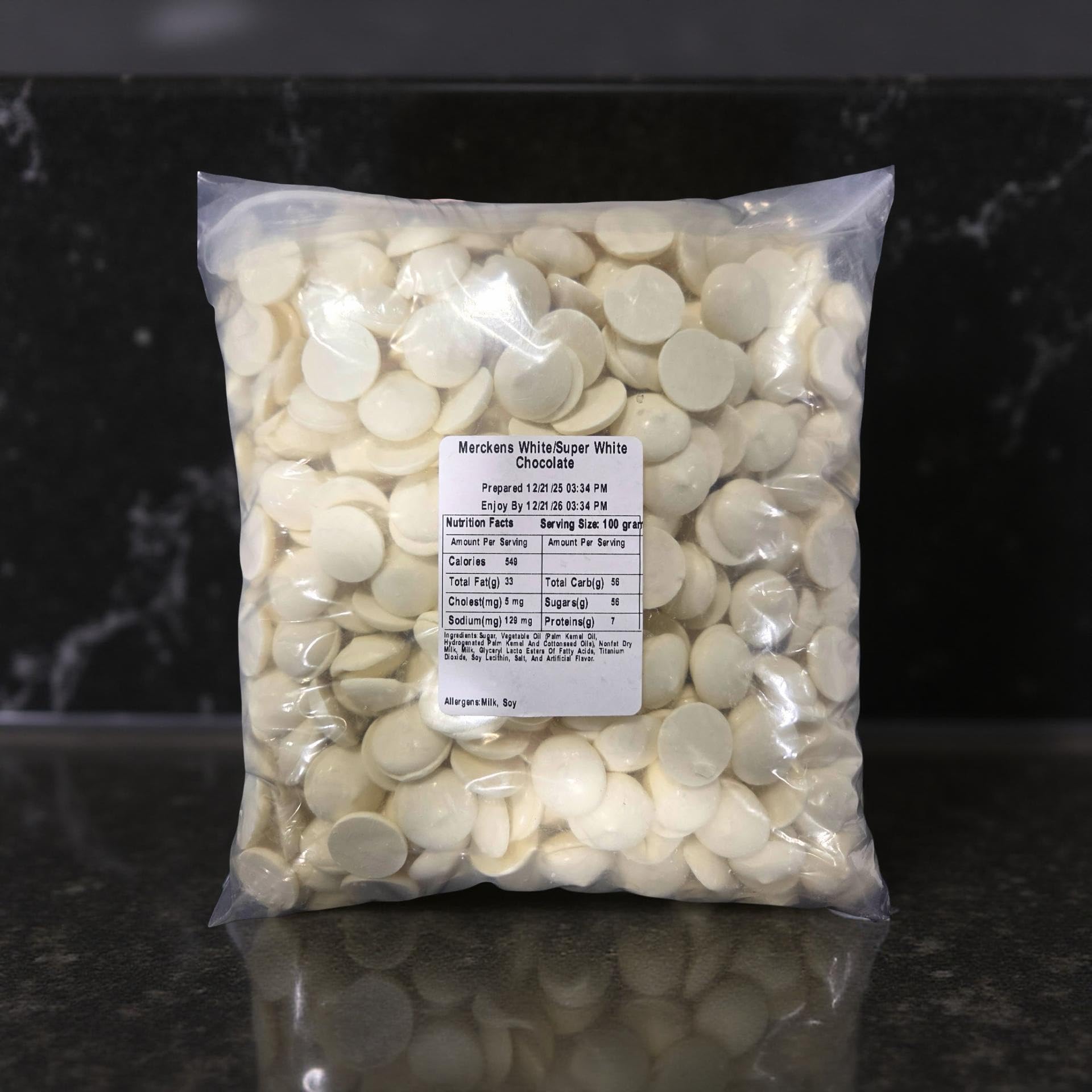 Finished Merckens coated confections with a bright white shine
