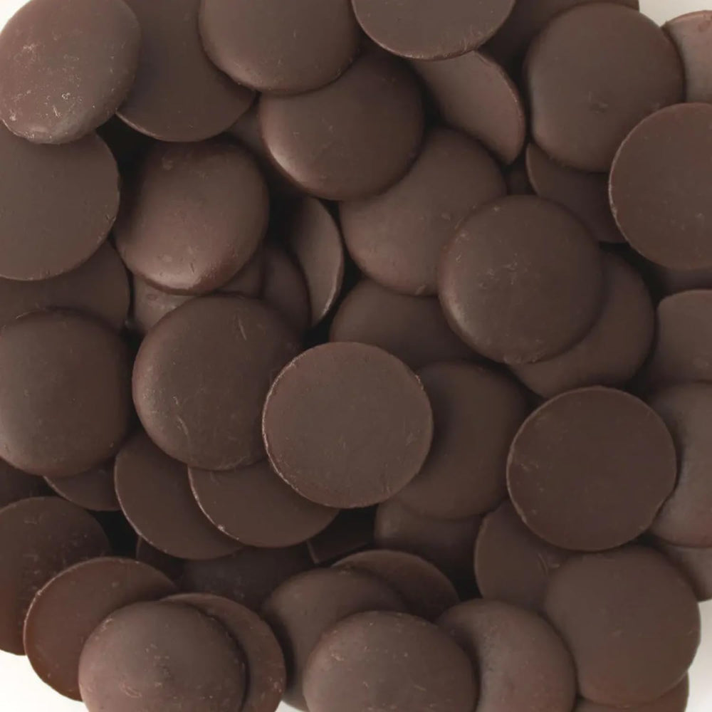 Merckens dark cocoa coating wafers in 10lb bulk pack for even candy coating
