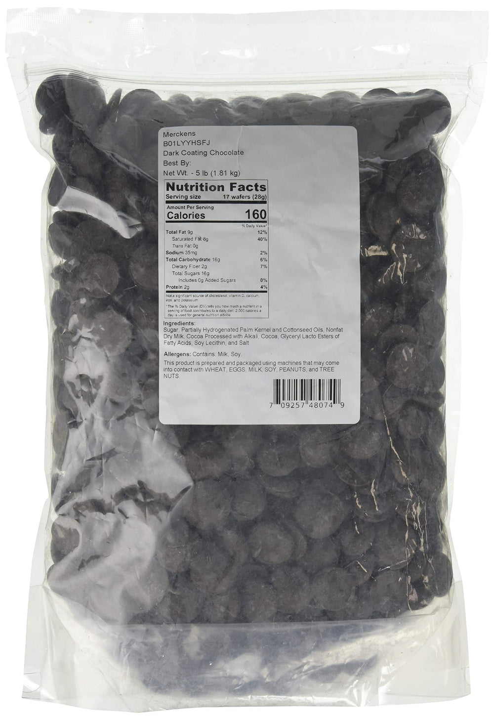 Merckens dark cocoa coating wafers in a 5 lb bag for smooth candy coatings