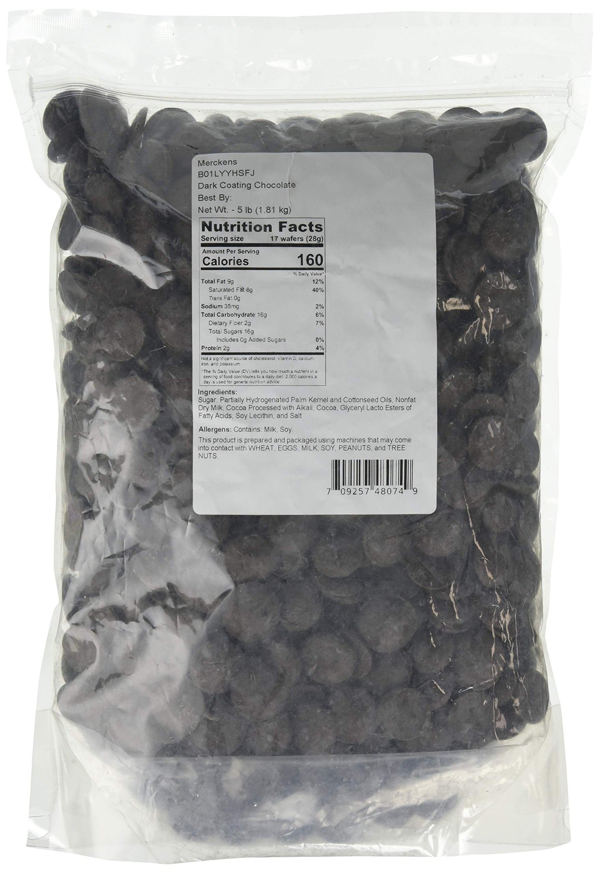 Merckens dark cocoa coating wafers in a 5 lb bag for smooth candy coatings