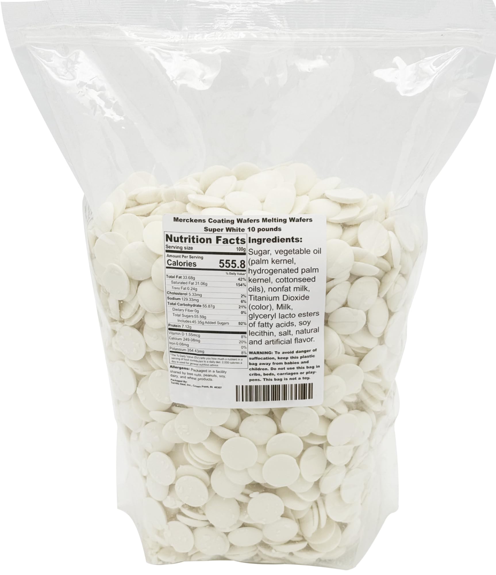 Merckens Super White wafers in a 10 lb bag ready for smooth coating.