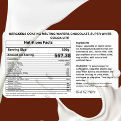 Merckens Super White chocolate wafers ideal for dipping fruits and pretzels with a glossy finish.