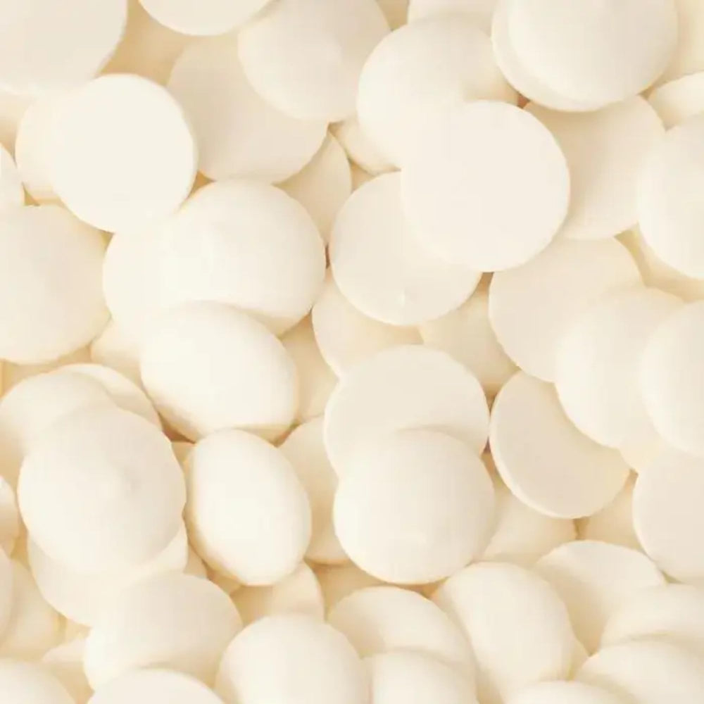 Merckens Super White wafers ready for dipping pretzels and cookies.