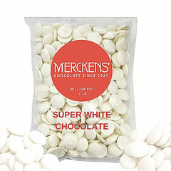Merckens Super White chocolate wafers melt smoothly for coating in a microwave.