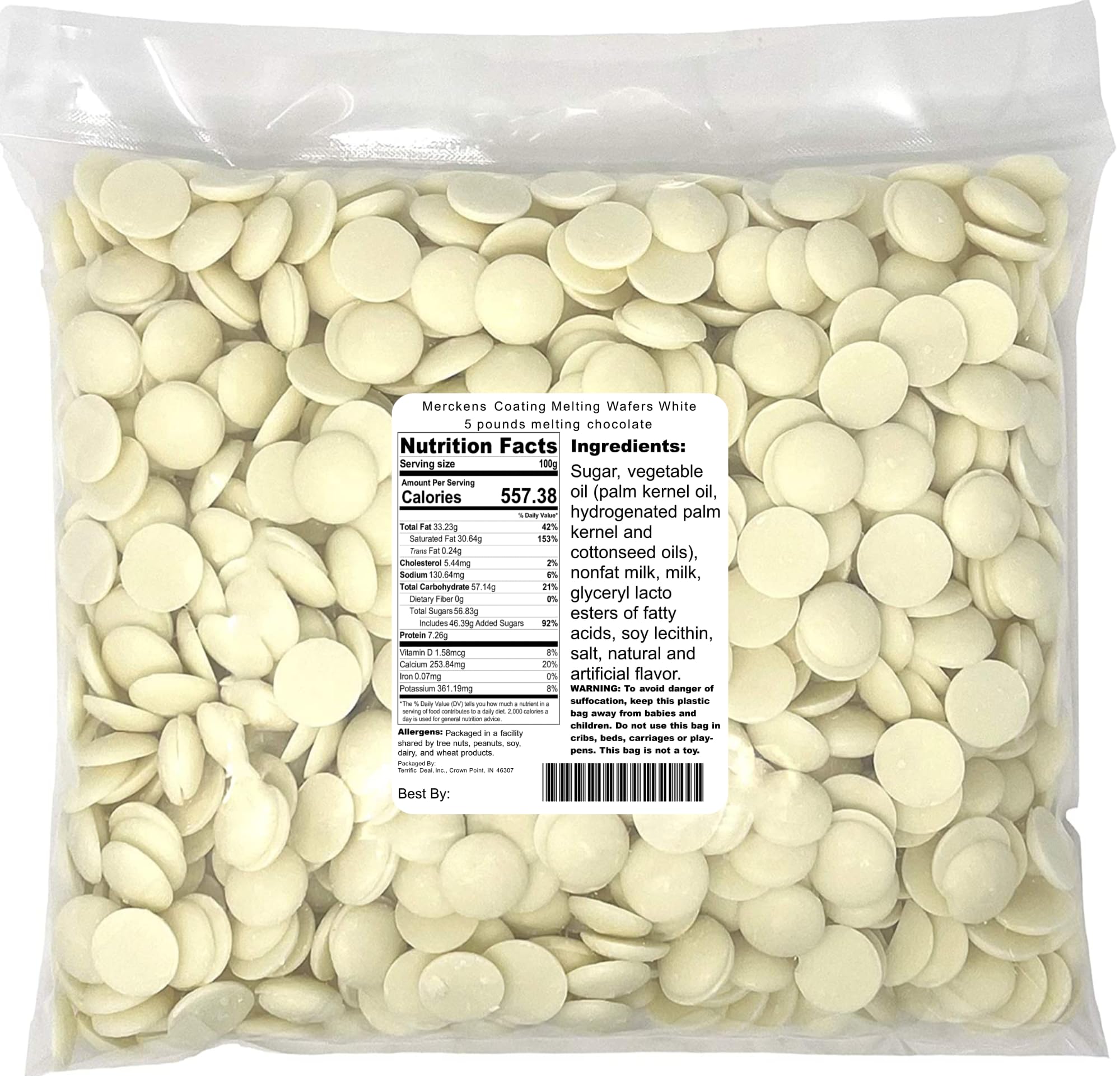 Merckens White coating wafers in a 5 lb bag for smooth candy making