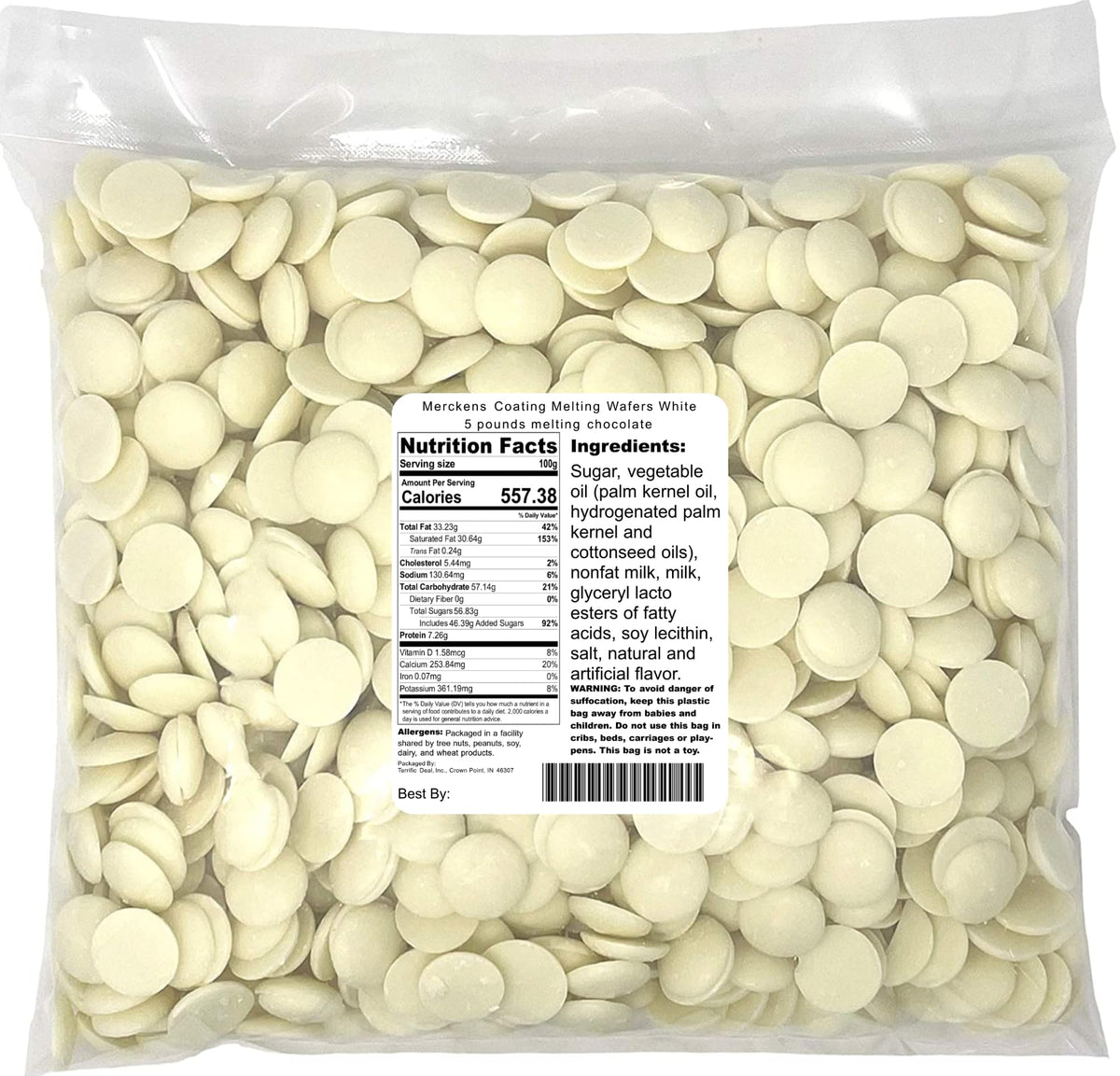 Merckens White coating wafers in a 5 lb bag for smooth candy making