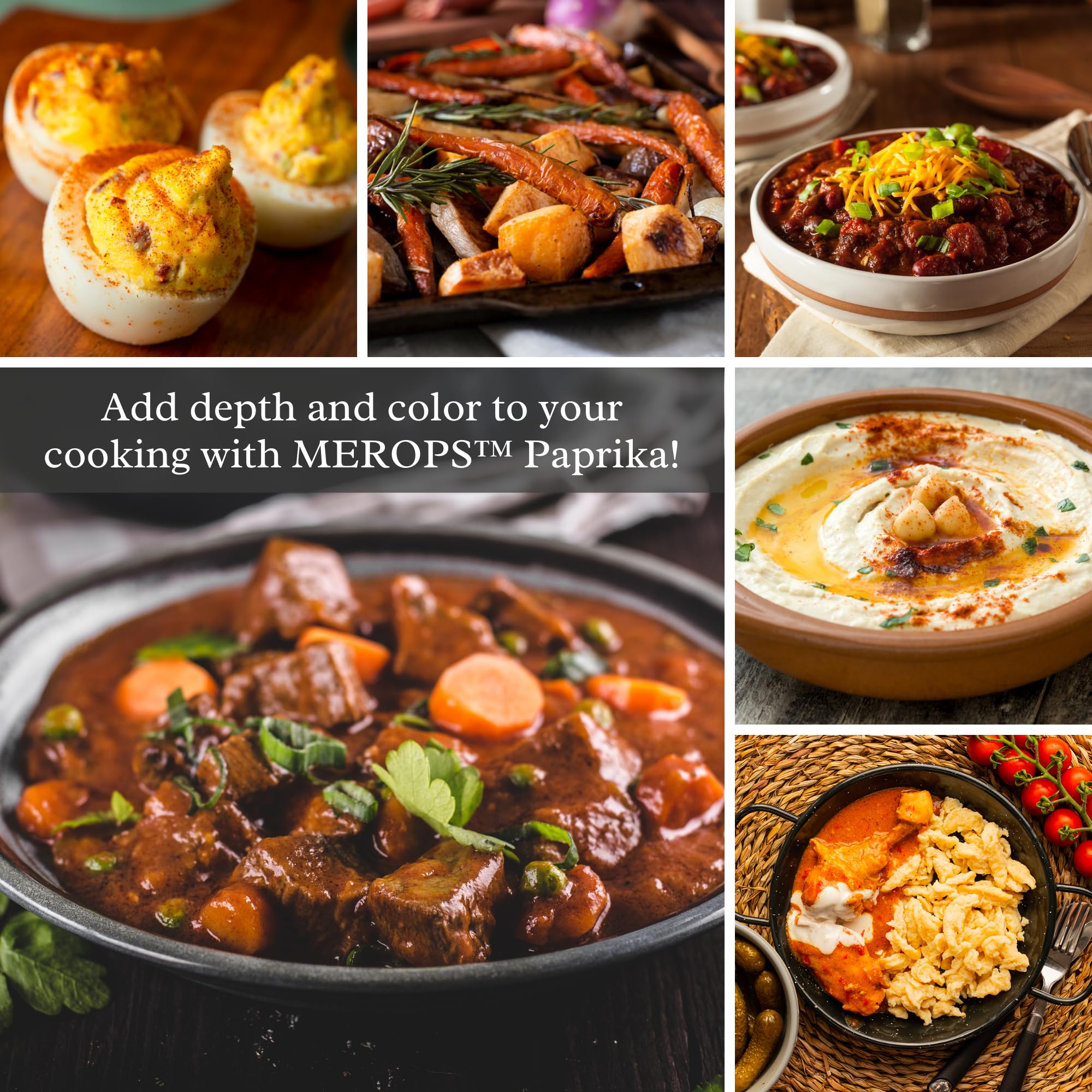 MEROPS smoked paprika color comes from natural oak smoking, delivering depth.