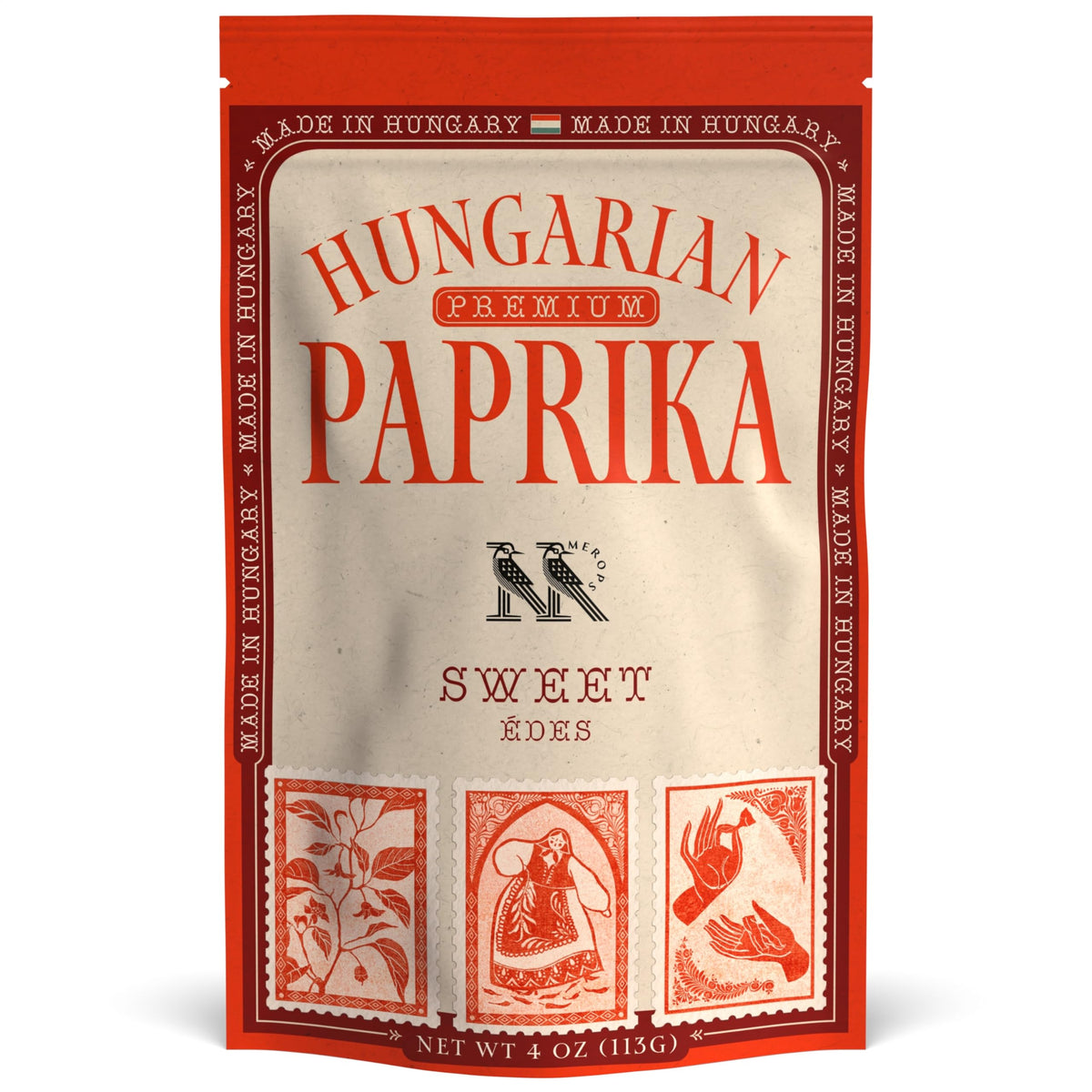 MEROPS Premium Sweet Hungarian Paprika Powder in resealable bag showing vibrant color for cooking