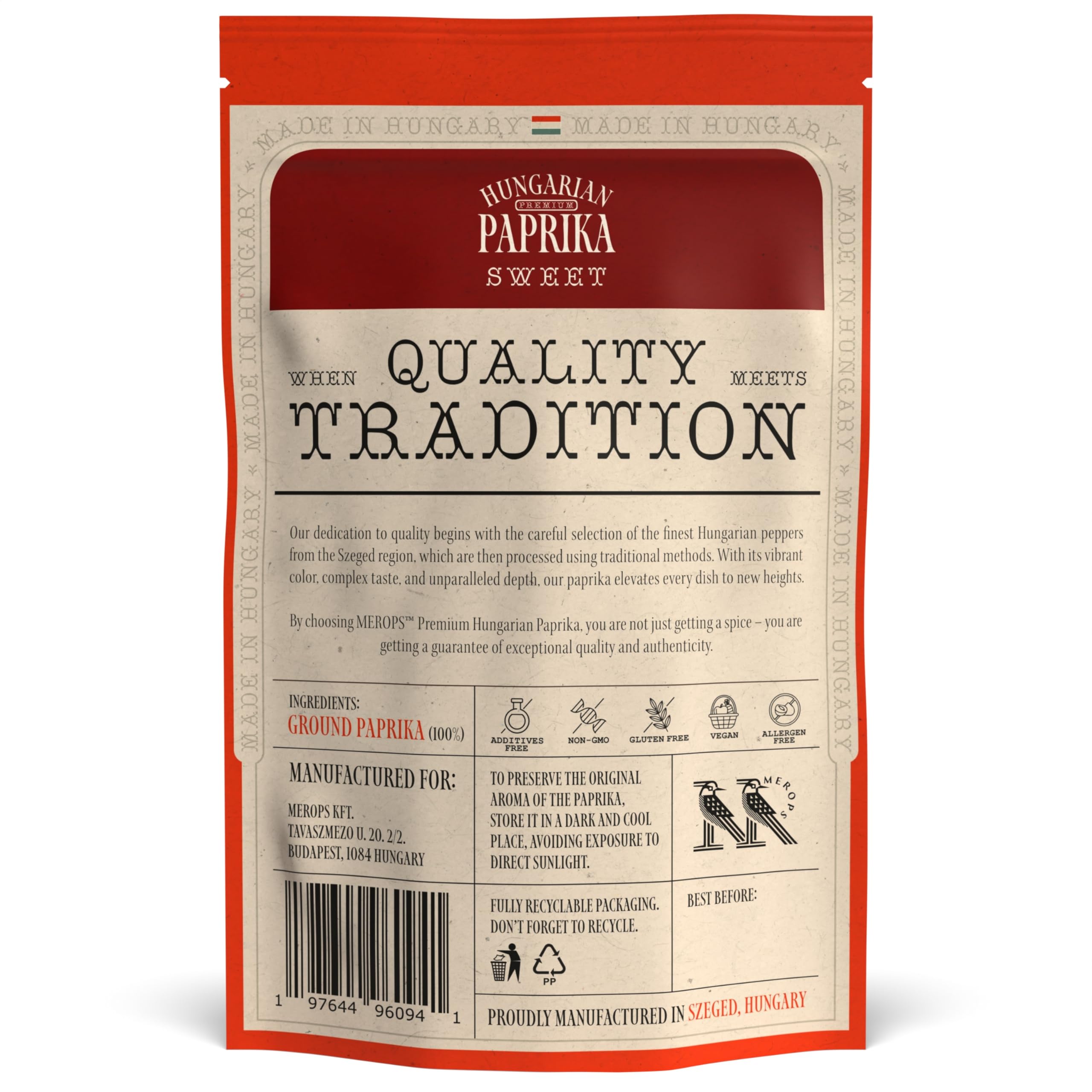 MEROPS Premium Sweet Hungarian Paprika Powder bottle closeup with rich red hue for stews