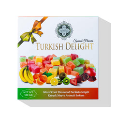 Meşhur Safranbolu Lokumcusu mixed fruit box front showcases premium Turkish delight for gifting.
