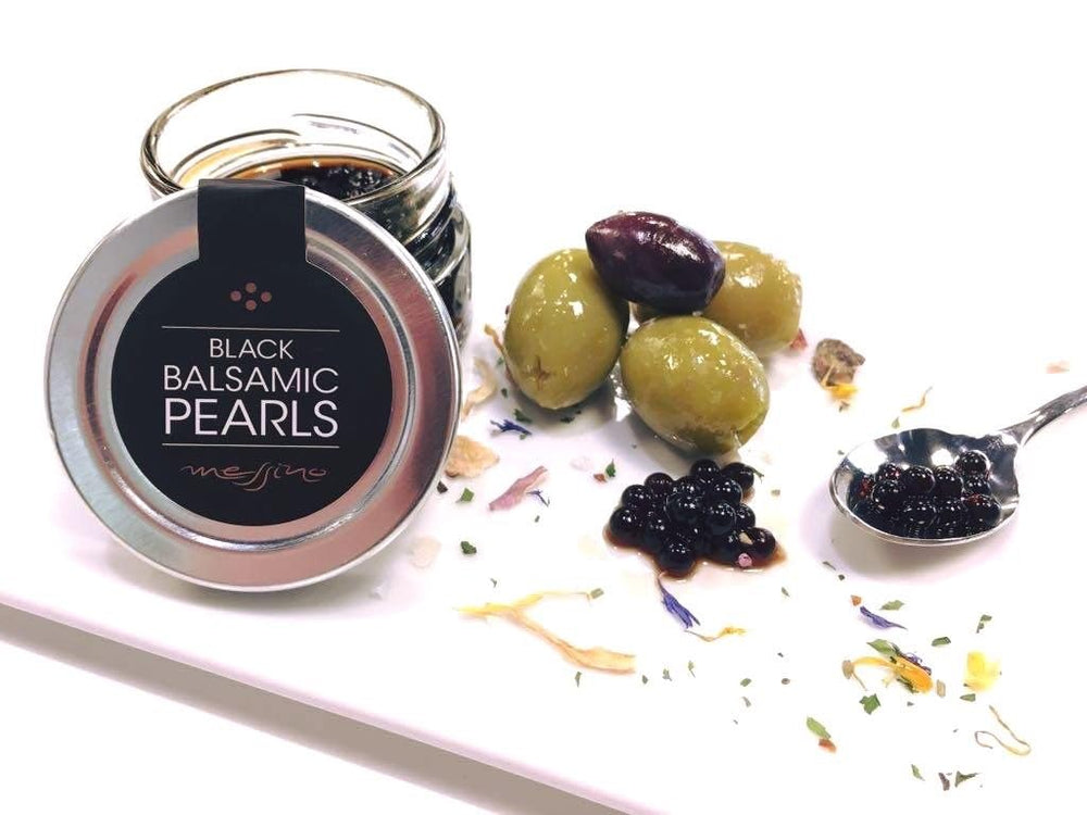 Messino Black Balsamic Pearls on dish elevate a caprese or salad