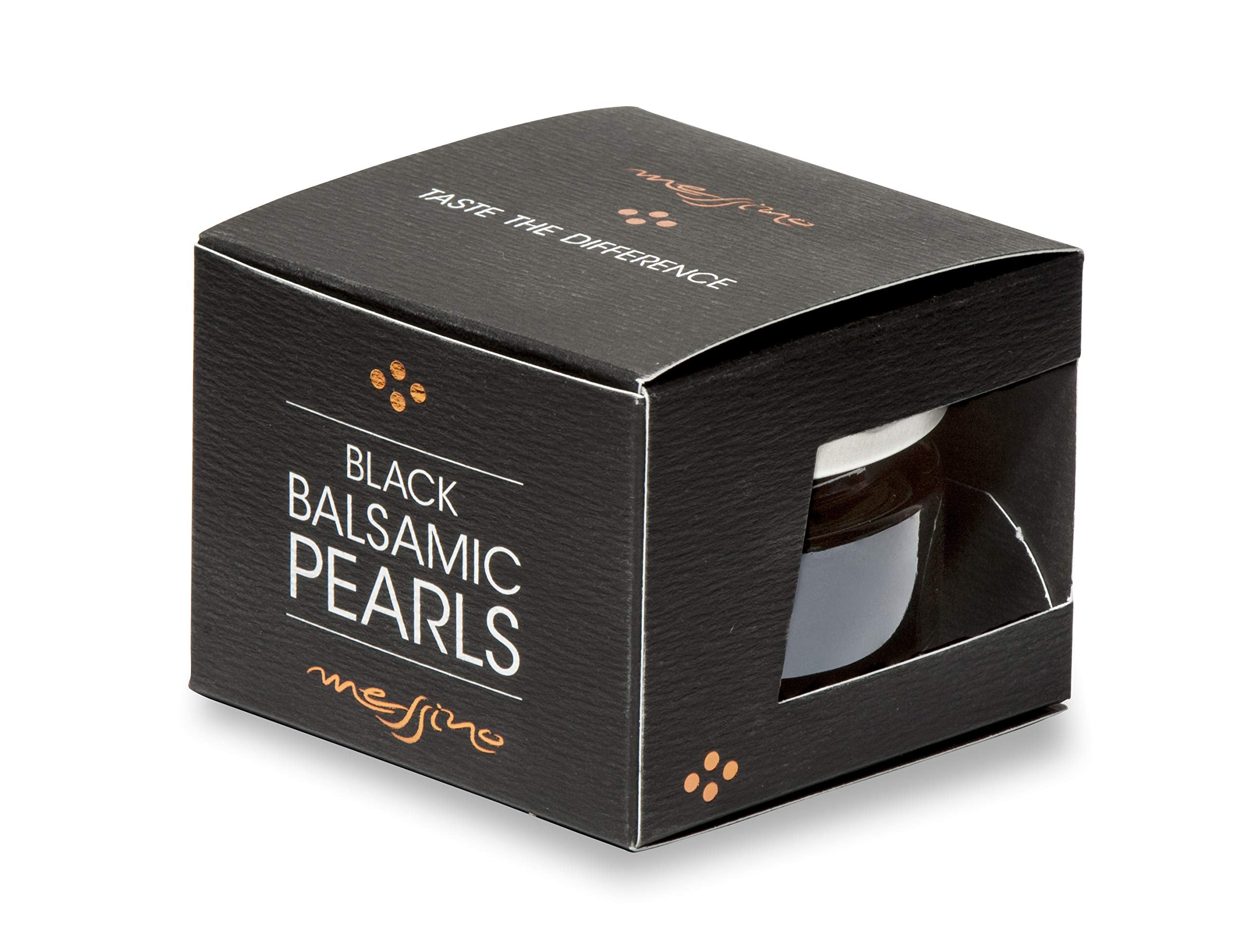 Messino Black Balsamic Pearls bottle highlights elegant garnish and flavor
