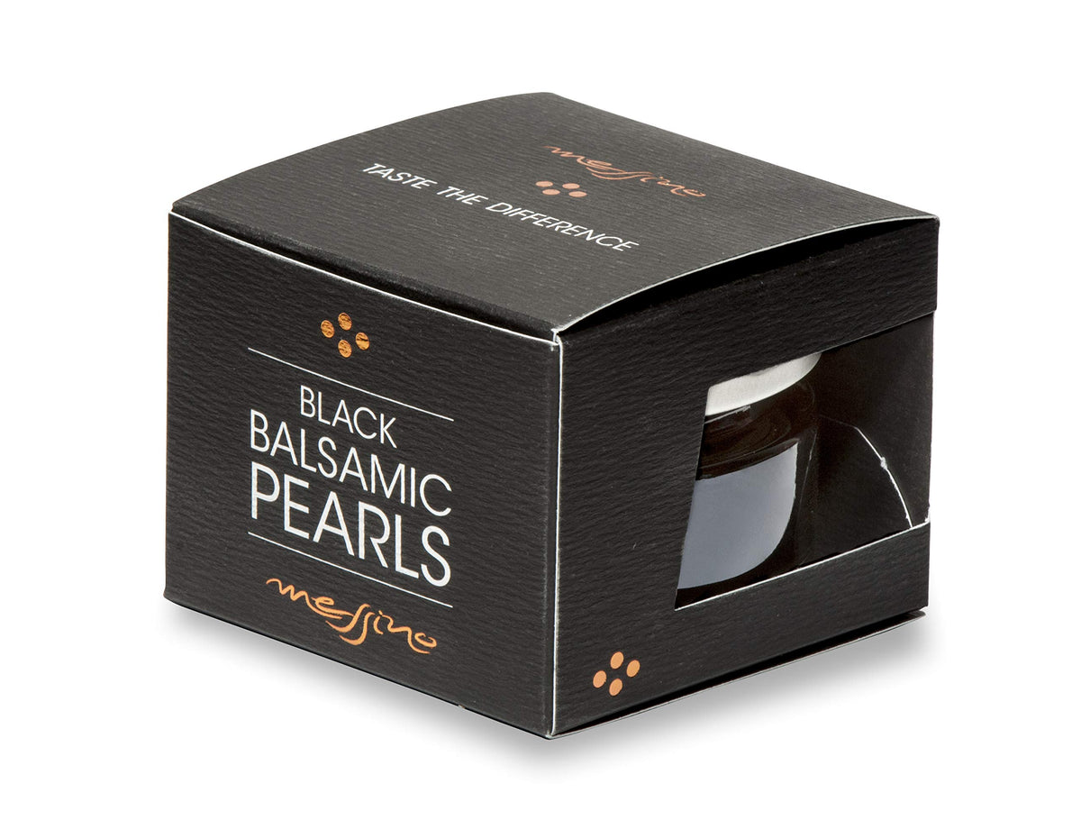 Messino Black Balsamic Pearls bottle highlights elegant garnish and flavor