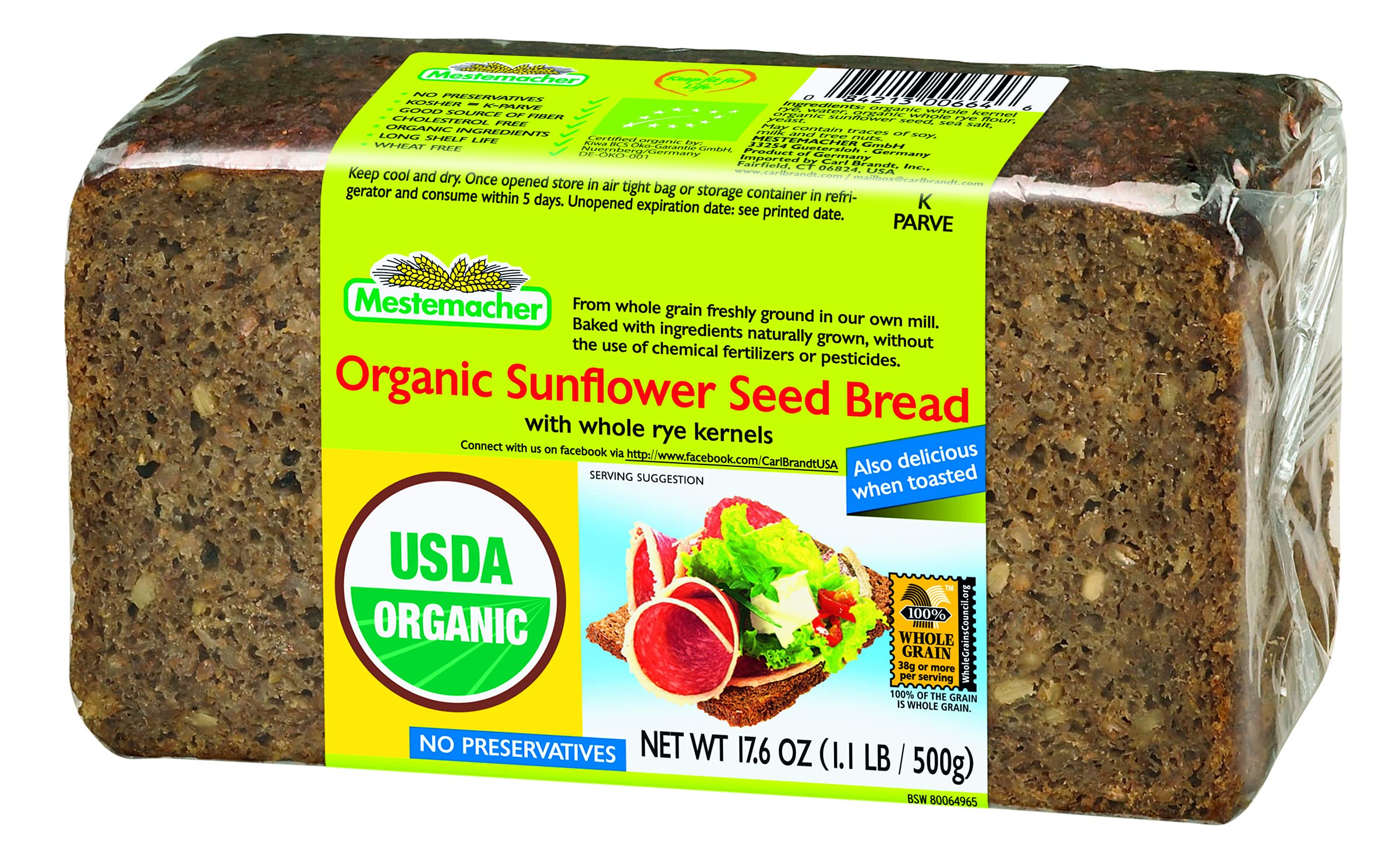 Mestemacher Organic Sunflower Seed Bread loaf—high fiber for hearty breakfasts.