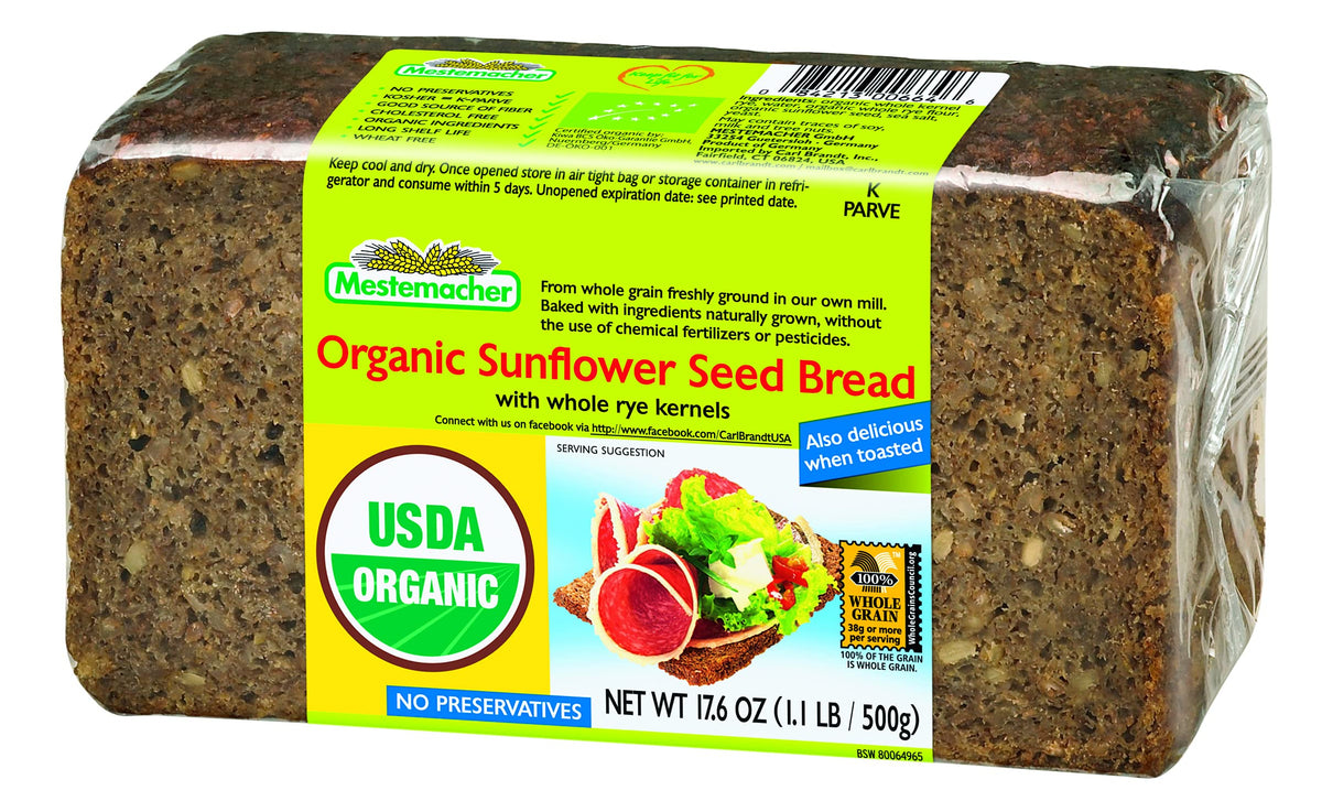 Mestemacher Organic Sunflower Seed Bread loaf—high fiber for hearty breakfasts.