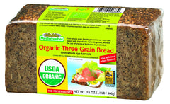 Mestemacher Organic Three Grain Bread loaf front view, ideal for everyday toasts
