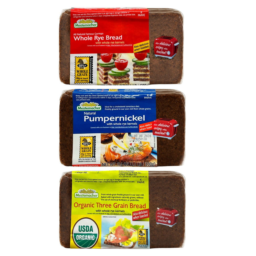 Mestemacher Organic Three Grain bread loaf, fiber-rich and naturally baked