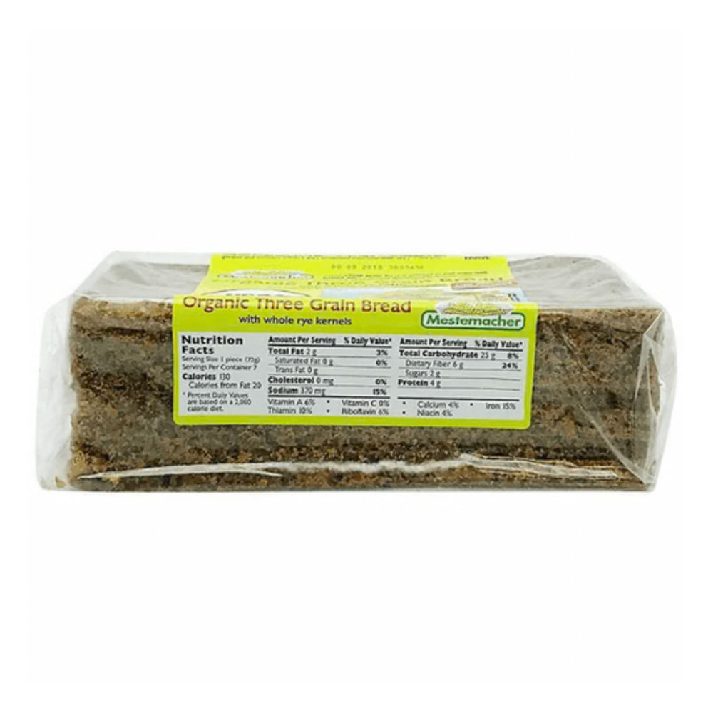 Mestemacher Organic Three Grain Bread packaging label visible, premium organic choice