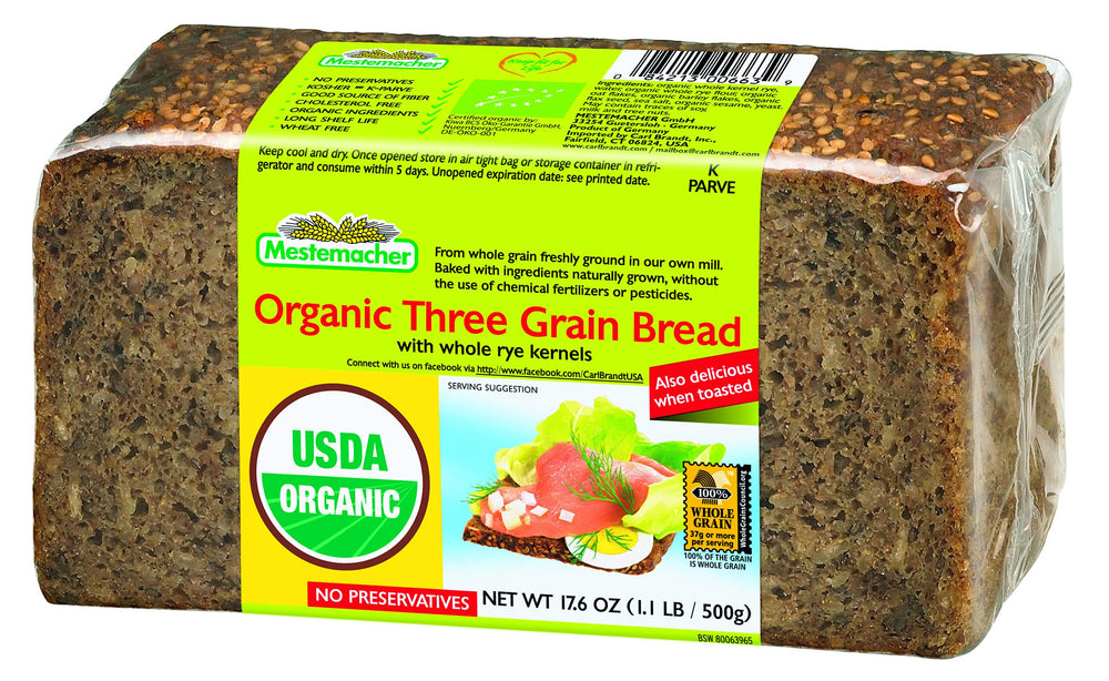 Mestemacher Organic Three Grain Bread slices, ideal for toast and sandwiches.