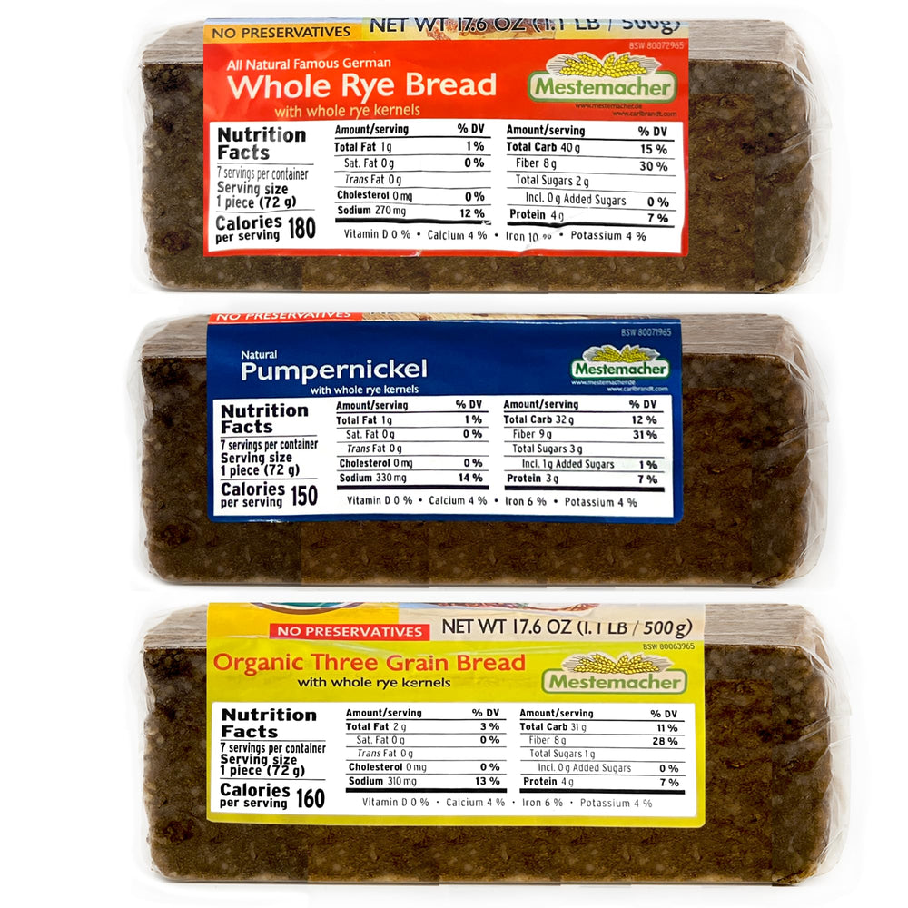 Sliced Mestemacher Organic Three Grain bread ready for toast