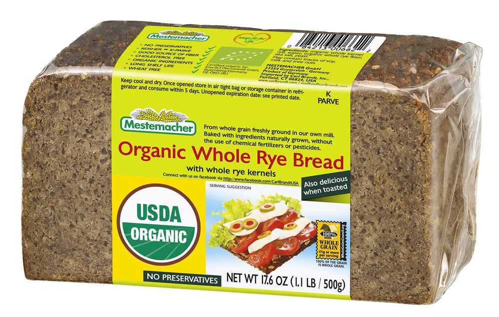 Mestemacher Organic Whole Rye Bread loaf ideal for hearty breakfasts.