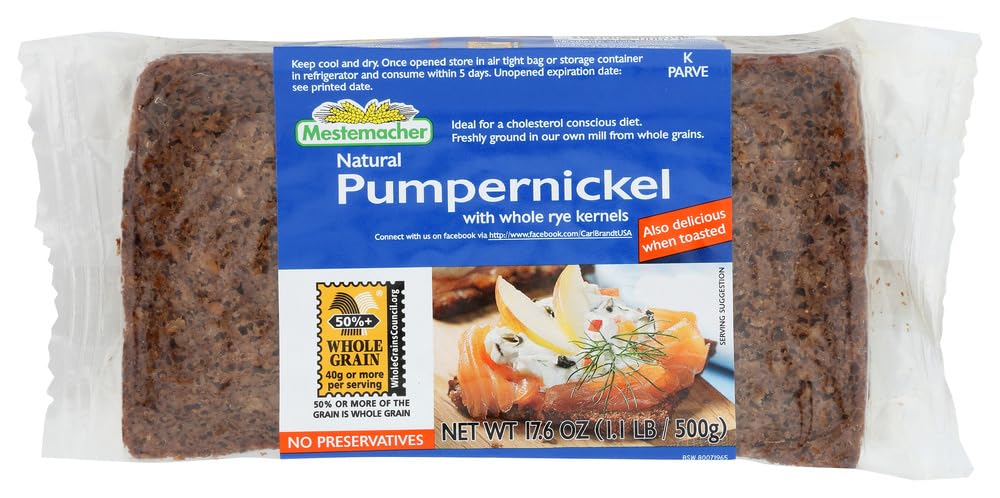 Mestemacher Pumpernickel bread pack showing whole rye grains for fiber-rich slices.