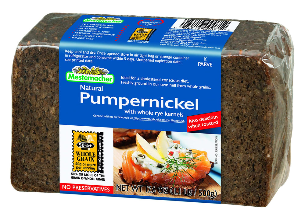 Mestemacher Pumpernickel Bread slice showing whole grains for fiber-rich snacking