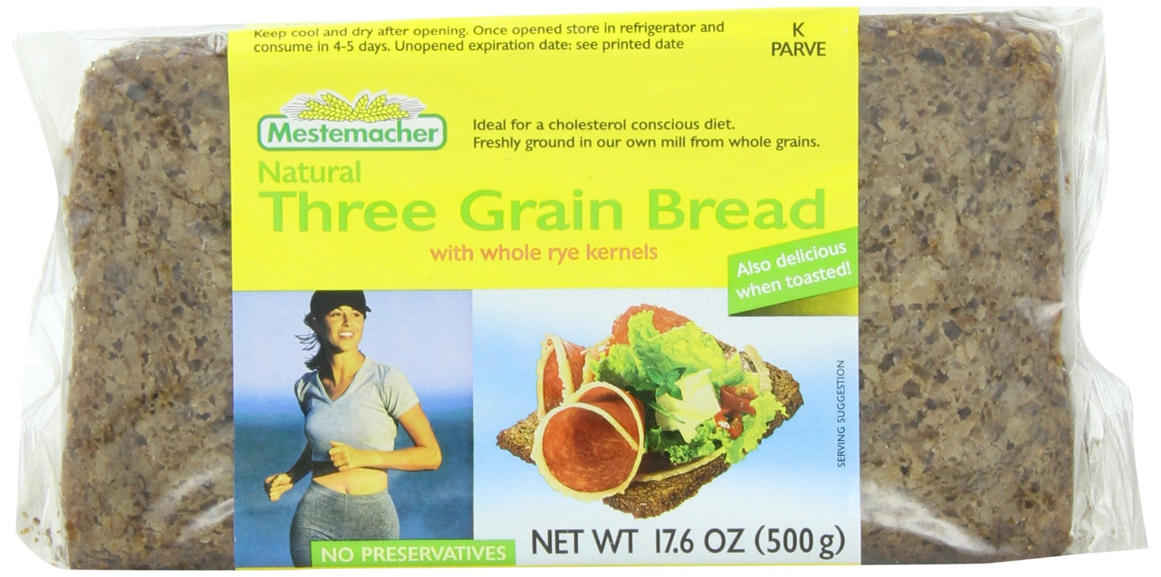 Mestemacher Three Grain bread loaf close-up highlighting hearty whole grains