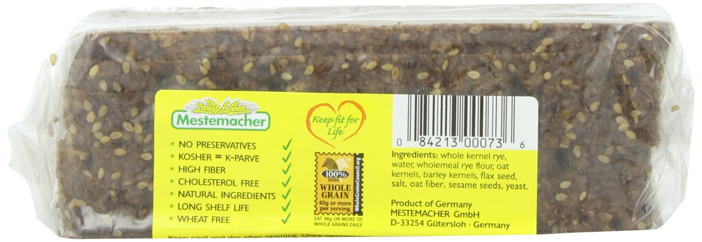 Sliced Mestemacher Three Grain bread on board reveals fibre-rich texture