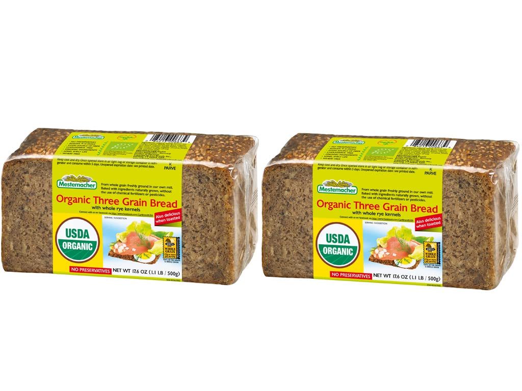 Mestemacher Organic Three Grain Whole Grain Bread loaf, high-fiber and versatile for meals.
