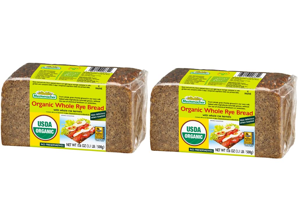 Mestemacher Whole Grain Bread front view, organic rye loaf ideal for toasting.