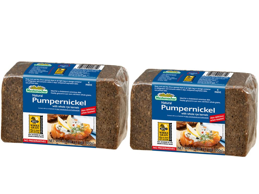 Mestemacher whole grain pumpernickel bread loaf on cutting board, fiber-rich and perfect for wholesome toast.