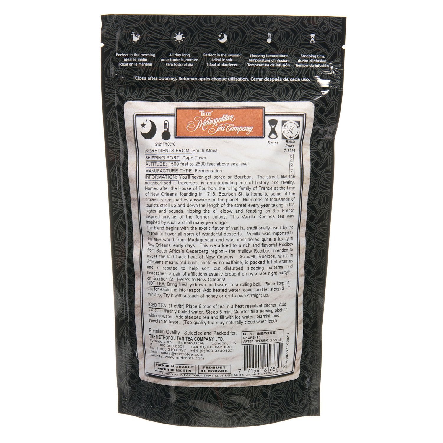 Metropolitan Tea Discovery Bourbon Street Vanilla rooibos loose-leaf for premium brewing.