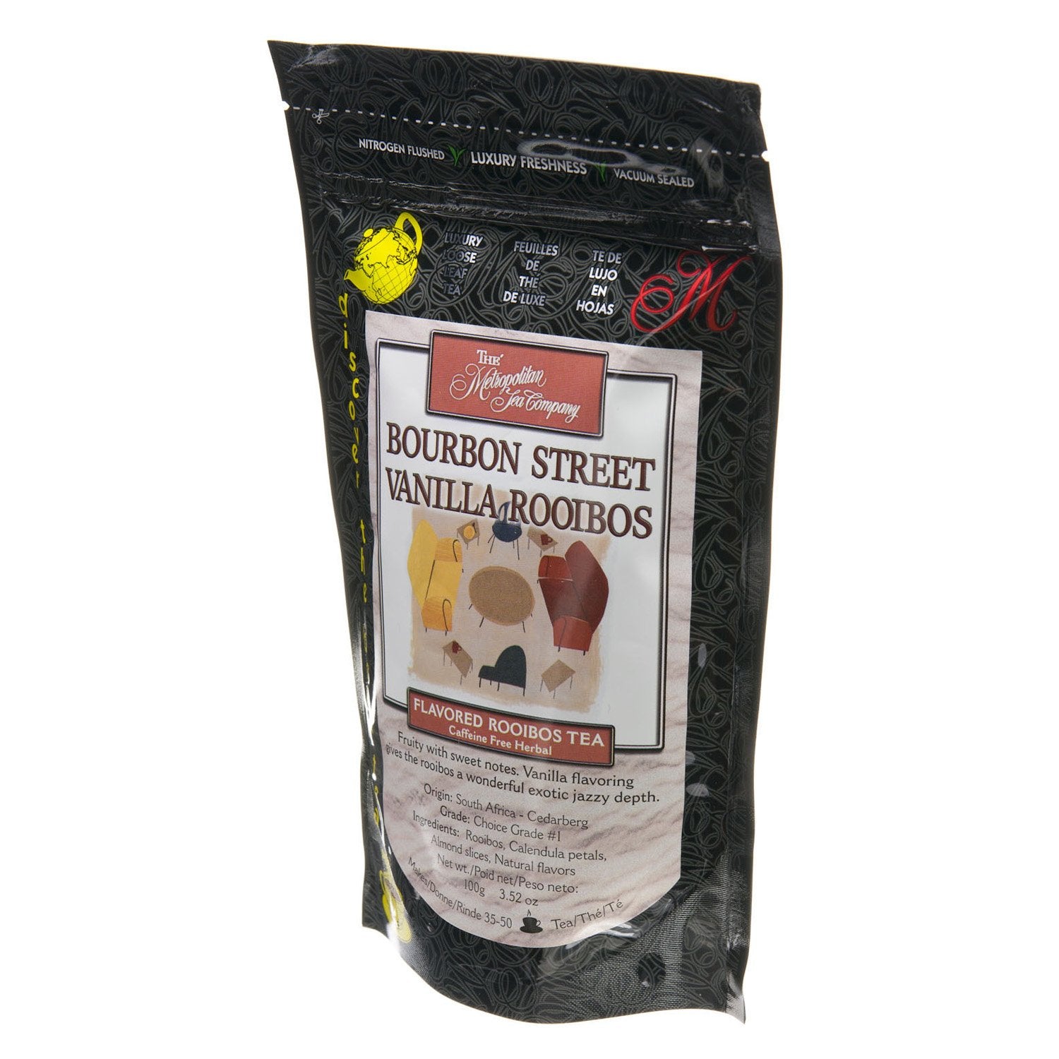 Metropolitan Tea nitrogen-flushed bag maintains tea freshness until use.
