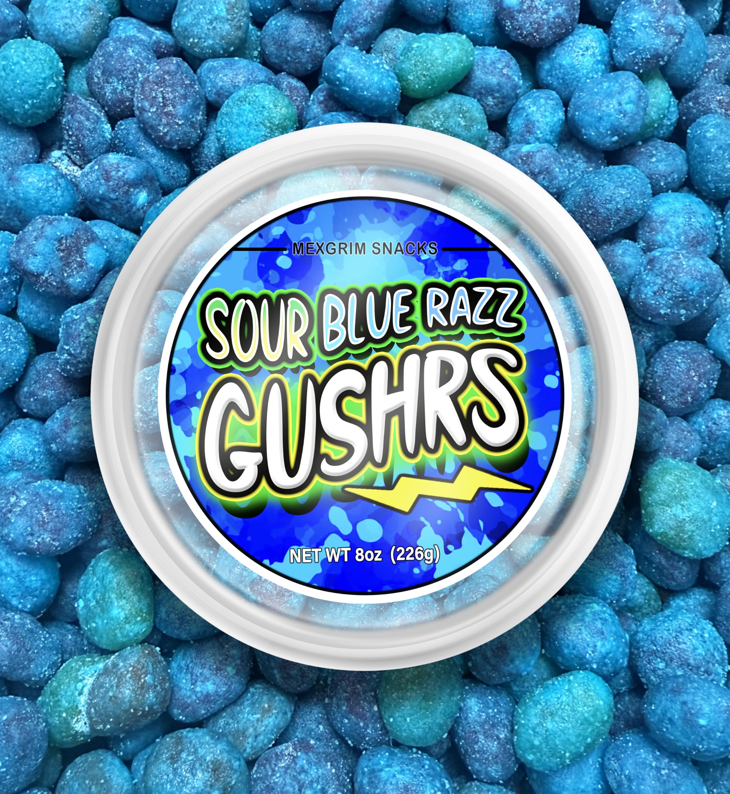 Mexgrim Blue Raspberry Sour Gushers jar close-up—bold color, tangy glaze, and shareable fun.