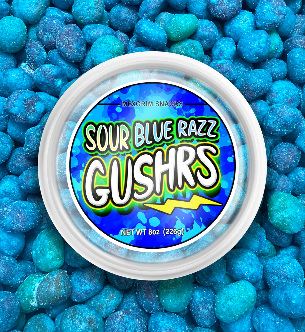 Mexgrim Blue Raspberry Sour Gushers jar close-up—bold color, tangy glaze, and shareable fun.