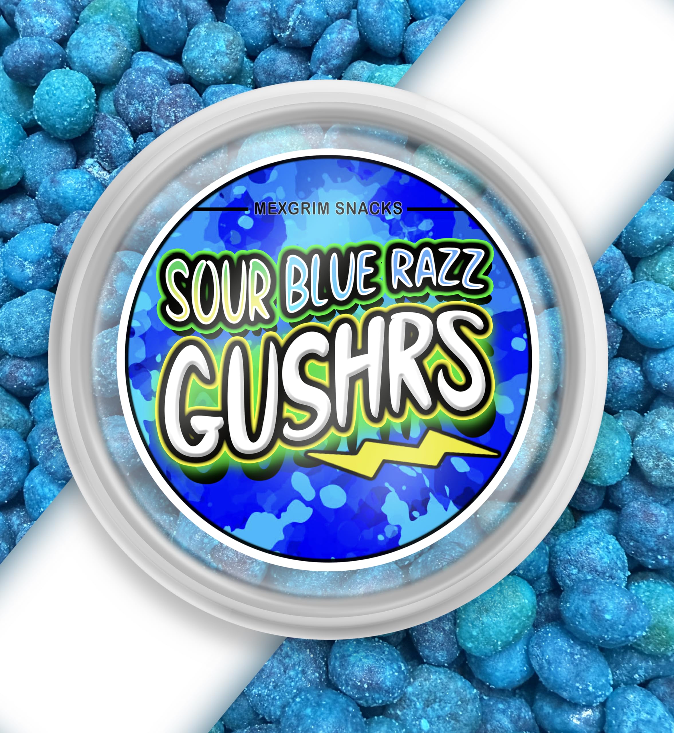 Mexgrim Blue Raspberry Sour Gushers—ideal party favor and quick bite.