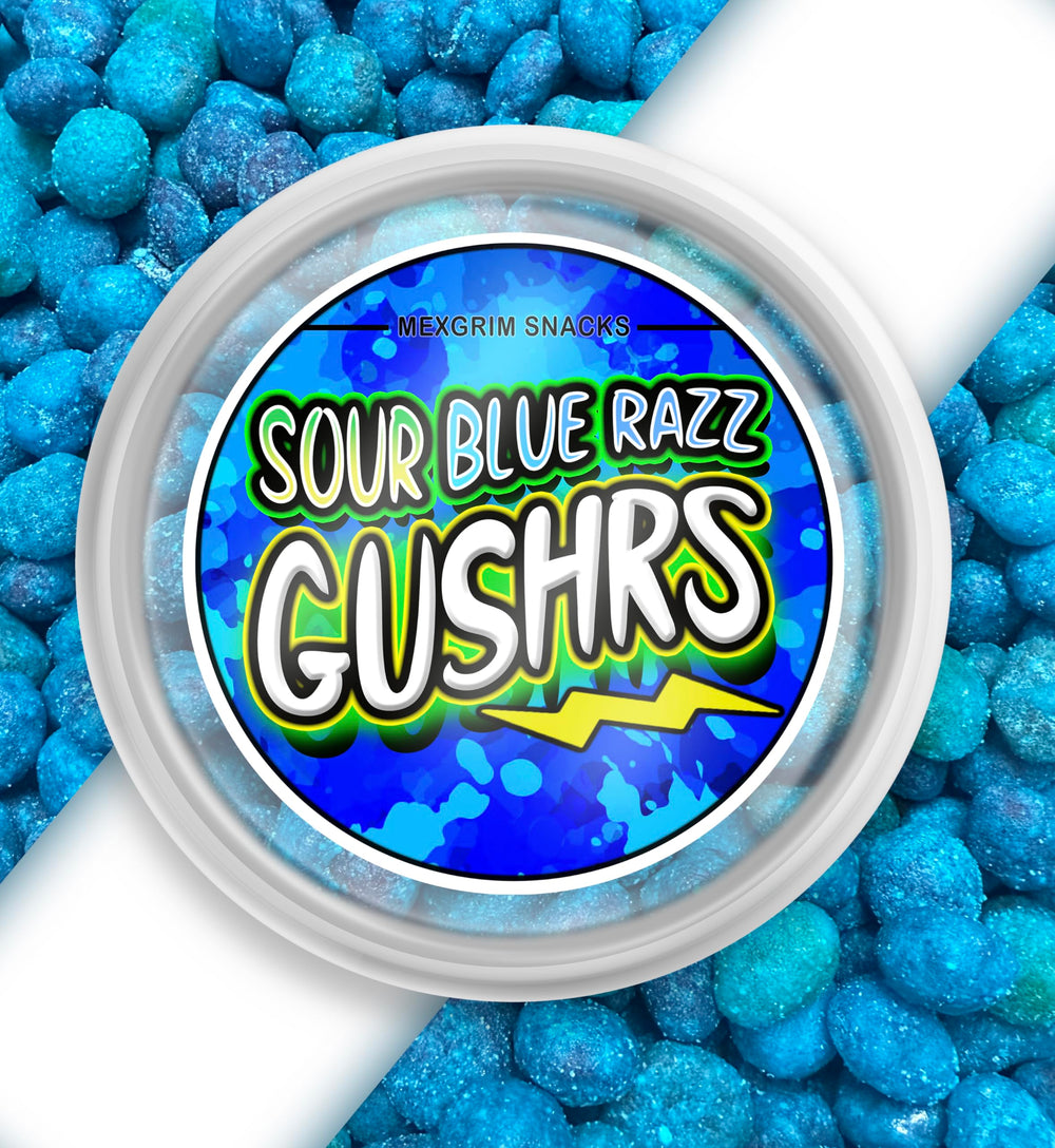 Mexgrim Blue Raspberry Sour Gushers—ideal party favor and quick bite.
