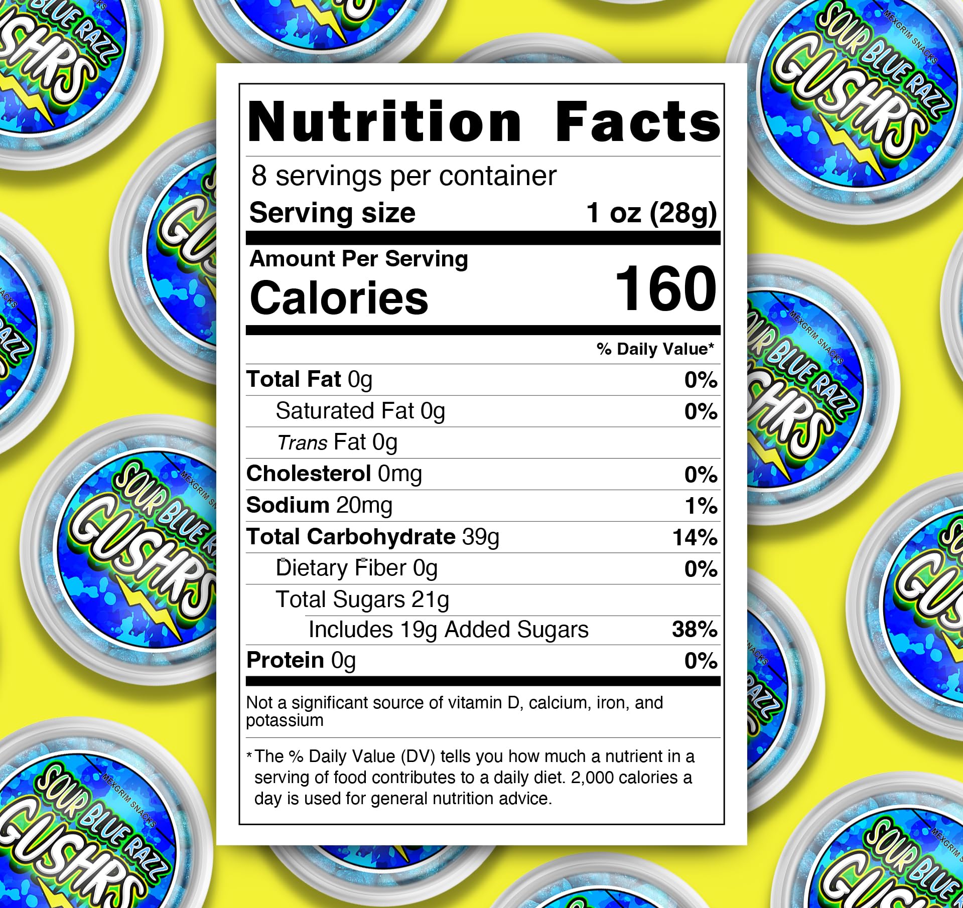 Mexgrim Blue Raspberry Sour Gushers resealable container keeps freshness for on-the-go snacking.
